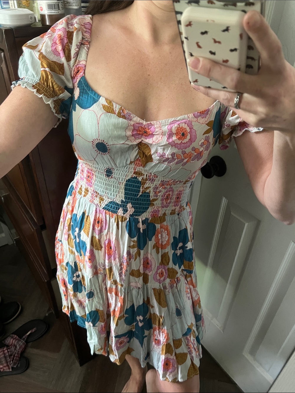 Angie Floral Puff-Sleeve Summer Dress in Teal, Pink & Mustard